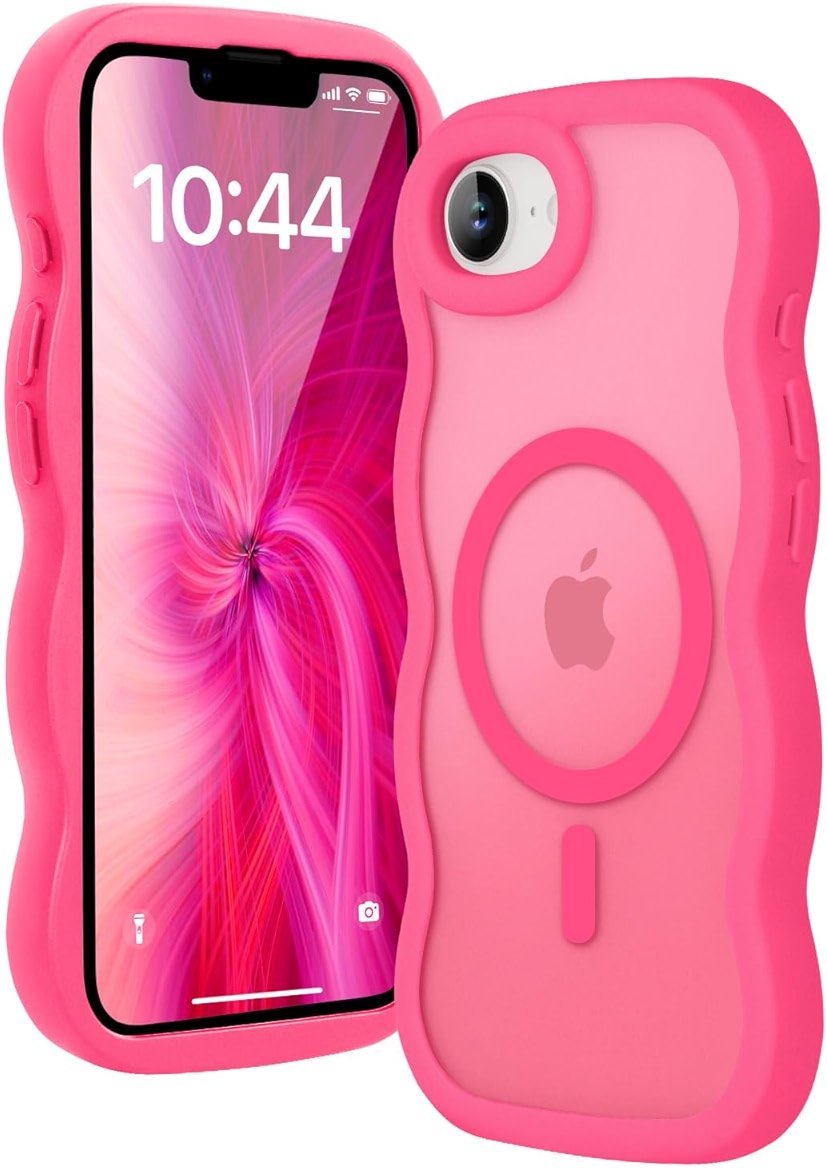 Amzfield Magnetic for iPhone 16e for iPhone 17e Case, Compatible with Magsafe Wavy Frame Cute Design Translucent Matte Hard Back Silicone Phone Case for iPhone 16 e for iPhone 17 e Women, Hot Pink - Product Image