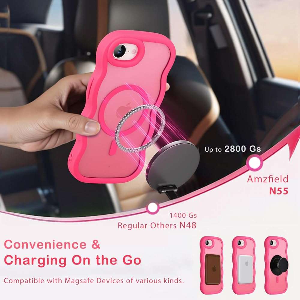 Amzfield Magnetic for iPhone 16e for iPhone 17e Case, Compatible with Magsafe Wavy Frame Cute Design Translucent Matte Hard Back Silicone Phone Case for iPhone 16 e for iPhone 17 e Women, Hot Pink - Image 2
