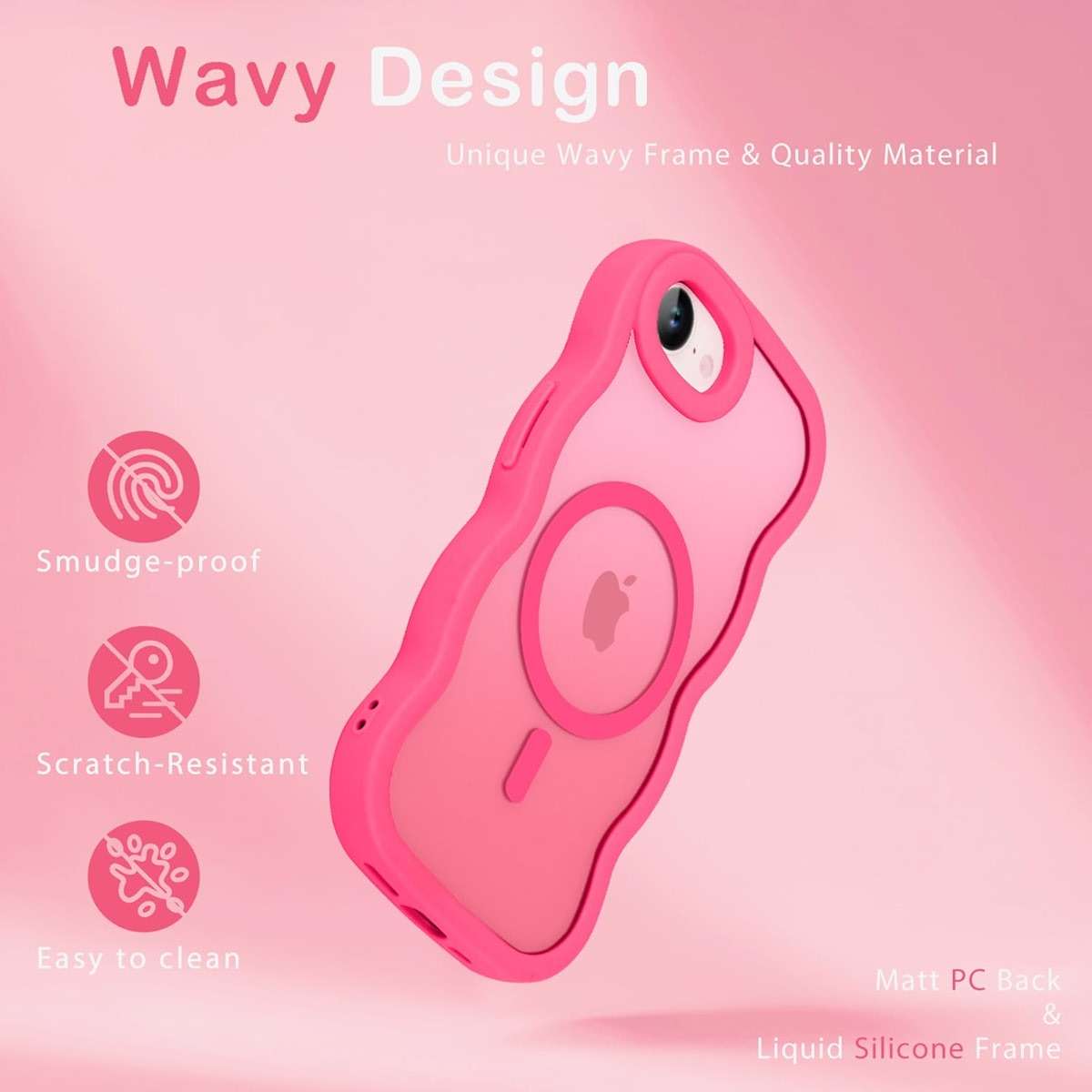 Amzfield Magnetic for iPhone 16e for iPhone 17e Case, Compatible with Magsafe Wavy Frame Cute Design Translucent Matte Hard Back Silicone Phone Case for iPhone 16 e for iPhone 17 e Women, Hot Pink - Image 5