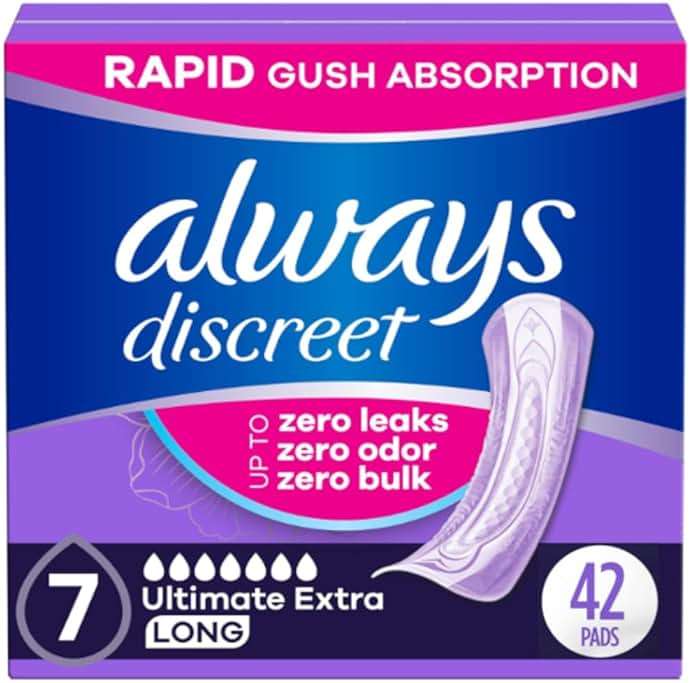 Always Discreet Adult Incontinence Pads for Women, Drier, 7 Drop Long Length, Ultra Absorbency, Pads for Bladder Control Management, Bladder Leaks, Overnight & Postpartum Pads, 42ct - Image 1