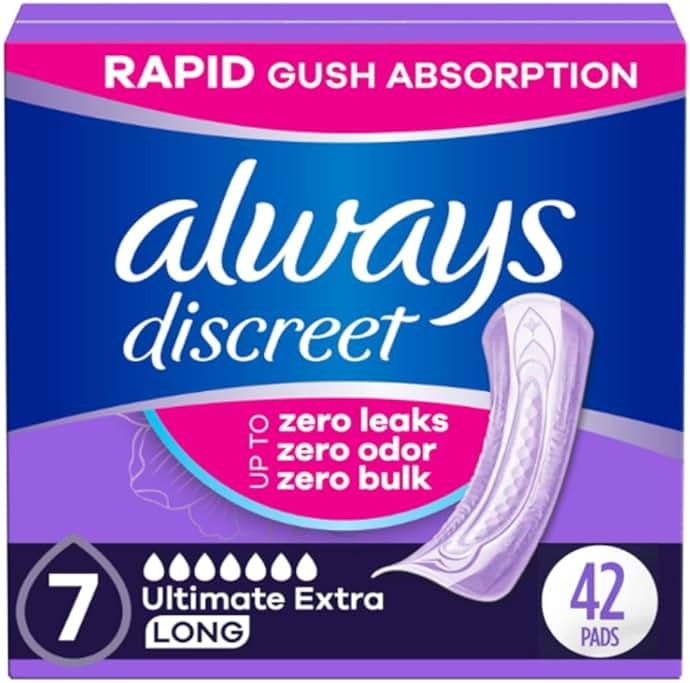 Always Discreet Adult Incontinence Pads for Women, Drier, 7 Drop Long Length, Ultra Absorbency, Pads for Bladder Control Management, Bladder Leaks, Overnight & Postpartum Pads, 42ct - Product Image