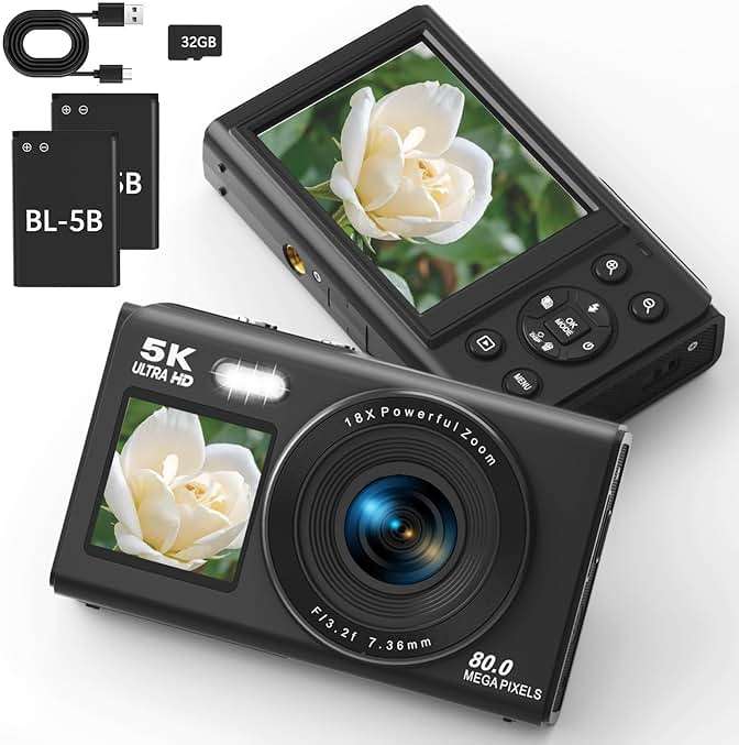 5K Digital Camera, Dual Screens Camera with 18X Digital Zoom, Compact Vlogging Camera for Teens, Beginner-Friendly Gift Pack, 32GB Card & 2 Batteries, Black - Image 1