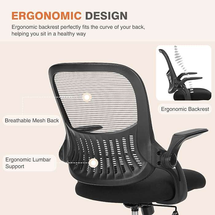 Sweetcrispy Office Computer Desk Chair, Ergonomic Mid-Back Mesh Rolling Work Swivel Task Chairs with Wheels, Comfortable Lumbar Support, Comfy Flip-up Arms for Home, Bedroom, Study, Student, Black - Image 3