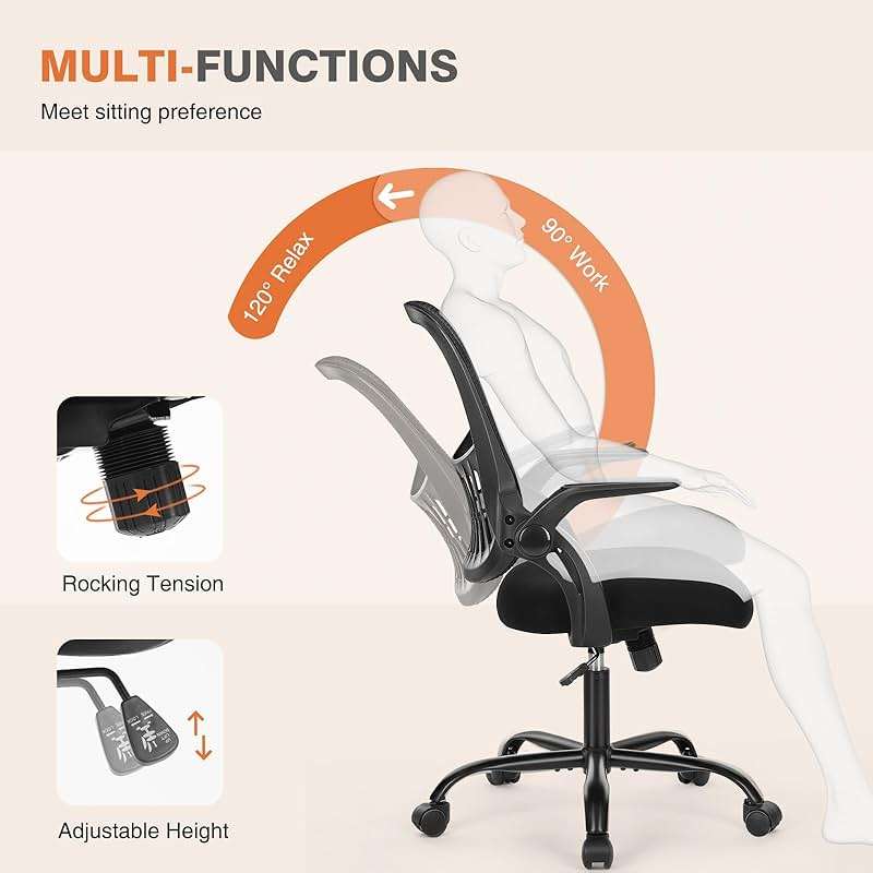 Sweetcrispy Office Computer Desk Chair, Ergonomic Mid-Back Mesh Rolling Work Swivel Task Chairs with Wheels, Comfortable Lumbar Support, Comfy Flip-up Arms for Home, Bedroom, Study, Student, Black - Image 5