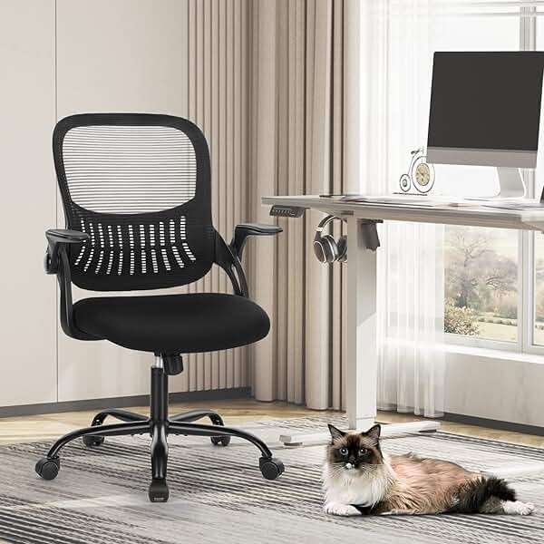 Sweetcrispy Office Computer Desk Chair, Ergonomic Mid-Back Mesh Rolling Work Swivel Task Chairs with Wheels, Comfortable Lumbar Support, Comfy Flip-up Arms for Home, Bedroom, Study, Student, Black - Image 8