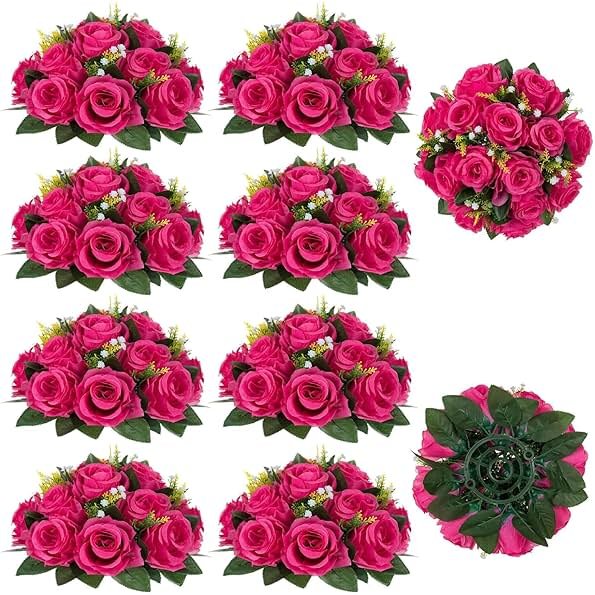 BLOSMON Hot Pink Flowers for Wedding: 10 Pcs Artificial Rose Balls for Table Decorations - Fake Silk Kissing Bouquet Floral Arrangement for Home Party Event Decoration - Product Image