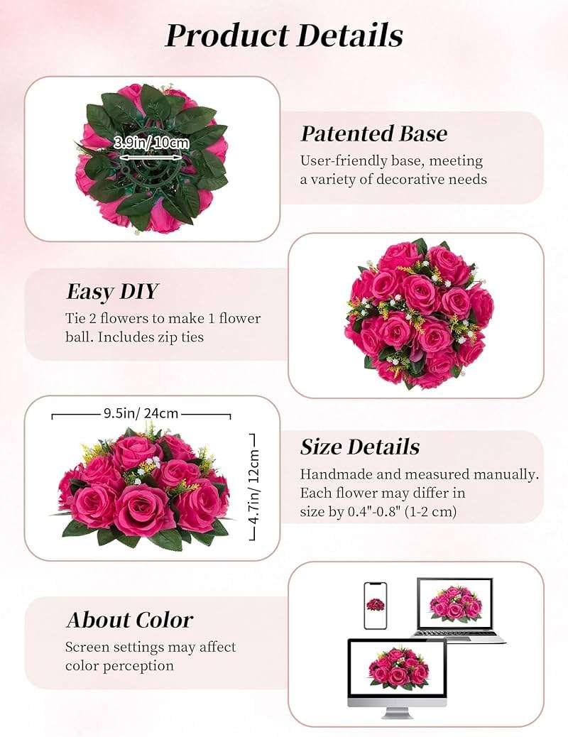 BLOSMON Hot Pink Flowers for Wedding: 10 Pcs Artificial Rose Balls for Table Decorations - Fake Silk Kissing Bouquet Floral Arrangement for Home Party Event Decoration - Image 6