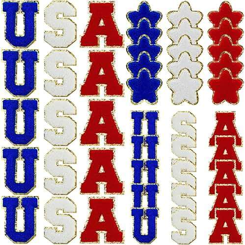 Lyrow 48 Pcs USA Iron on Patches 4th of July Patriotic Patch for Clothes Red White Blue Glitter Letter Star Chenille Embroidered Appliques for Independence Day 250th Cloth Hat Shirt Bags DIY, 2 Size - Image 1