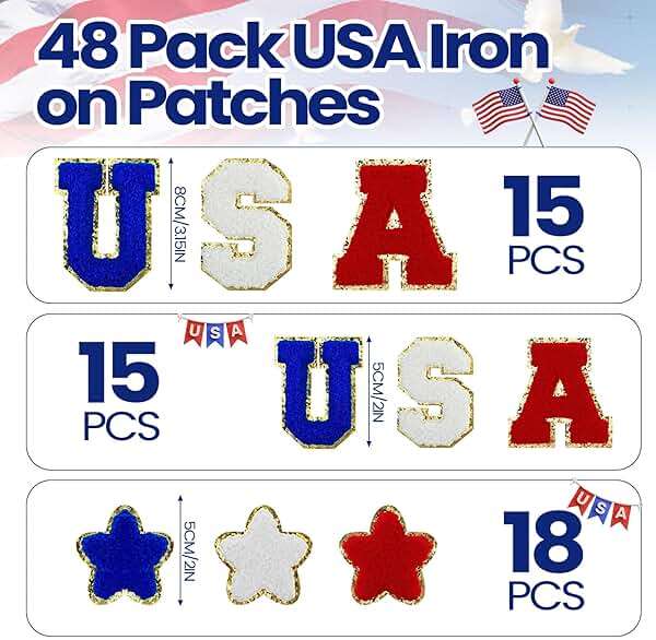 Lyrow 48 Pcs USA Iron on Patches 4th of July Patriotic Patch for Clothes Red White Blue Glitter Letter Star Chenille Embroidered Appliques for Independence Day 250th Cloth Hat Shirt Bags DIY, 2 Size - Image 2