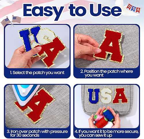 Lyrow 48 Pcs USA Iron on Patches 4th of July Patriotic Patch for Clothes Red White Blue Glitter Letter Star Chenille Embroidered Appliques for Independence Day 250th Cloth Hat Shirt Bags DIY, 2 Size - Image 3