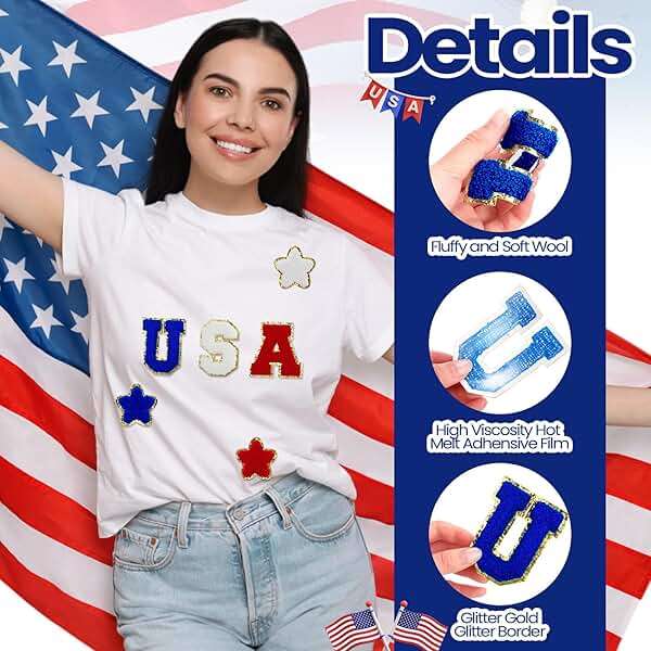 Lyrow 48 Pcs USA Iron on Patches 4th of July Patriotic Patch for Clothes Red White Blue Glitter Letter Star Chenille Embroidered Appliques for Independence Day 250th Cloth Hat Shirt Bags DIY, 2 Size - Image 4