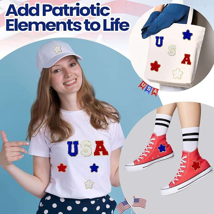 Lyrow 48 Pcs USA Iron on Patches 4th of July Patriotic Patch for Clothes Red White Blue Glitter Letter Star Chenille Embroidered Appliques for Independence Day 250th Cloth Hat Shirt Bags DIY, 2 Size - Image 5