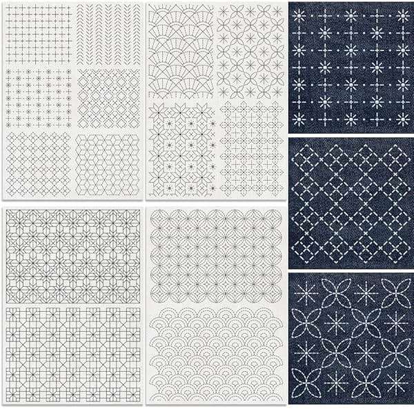 DOODLREAM 14Pcs Geometric Texture Water Soluble Hand Sewing Stabilizers, 8.3"x11.7" Modern Geometric Sashiko Embroidery Pattern Stabilizer, 4 Sheets Mending Stick and Stitch Embroidery Paper Sticker - Image 1
