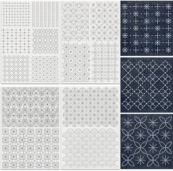 DOODLREAM 14Pcs Geometric Texture Water Soluble Hand Sewing Stabilizers, 8.3"x11.7" Modern Geometric Sashiko Embroidery Pattern Stabilizer, 4 Sheets Mending Stick and Stitch Embroidery Paper Sticker - Product Image