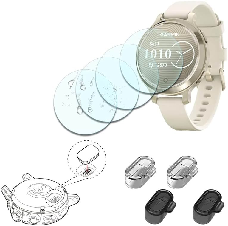 ISRcnst Protective Film Compatible for Garmin Lily 2 Active, Tempered Glass Screen Protector & Charging Port Dust Plugs, 9H Anti-Scratch,(Pack of 4+4) Not for Lily 2 / Classic - Product Image
