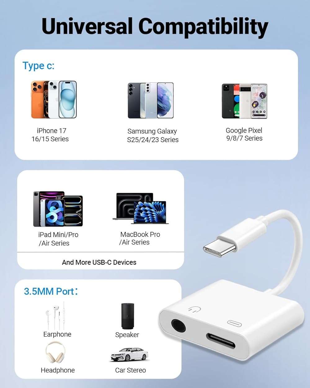 Seulliya USB C to 3.5mm Headphone Jack and Charger Adapter, 2-in-1 Audio & Fast Charging Splitter for Apple iPhone 17/16/15/Pro/Pro Max, iPad, Samsung, Pixel, and More 2Pack - Image 7