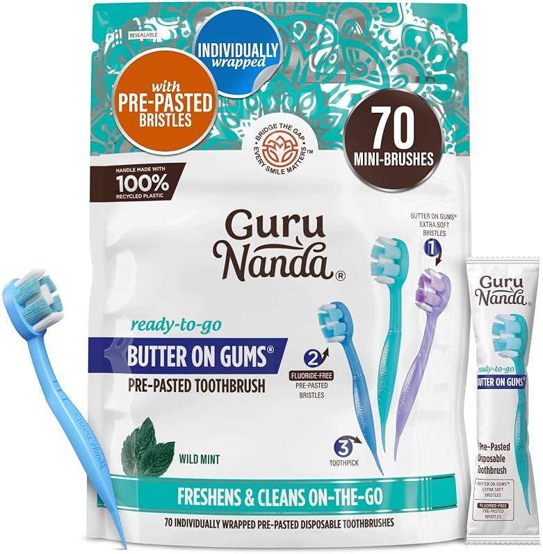 GuruNanda Mini Disposable Toothbrushes with Toothpaste & Toothpick, Prepasted Ready-to-Go Travel Toothbrush with Butter on Gums Bristles - Fluoride Free, No Rinsing, Individually Wrapped, 70 Ct - Product Image