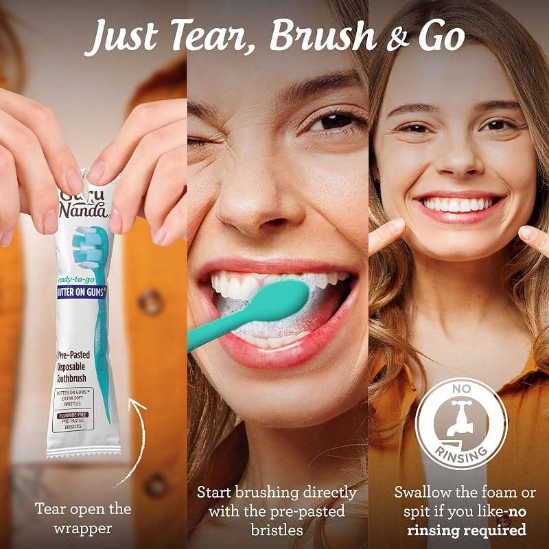 GuruNanda Mini Disposable Toothbrushes with Toothpaste & Toothpick, Prepasted Ready-to-Go Travel Toothbrush with Butter on Gums Bristles - Fluoride Free, No Rinsing, Individually Wrapped, 70 Ct - Image 4