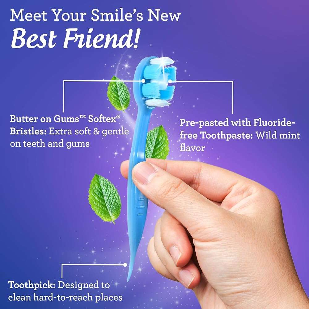 GuruNanda Mini Disposable Toothbrushes with Toothpaste & Toothpick, Prepasted Ready-to-Go Travel Toothbrush with Butter on Gums Bristles - Fluoride Free, No Rinsing, Individually Wrapped, 70 Ct - Image 5