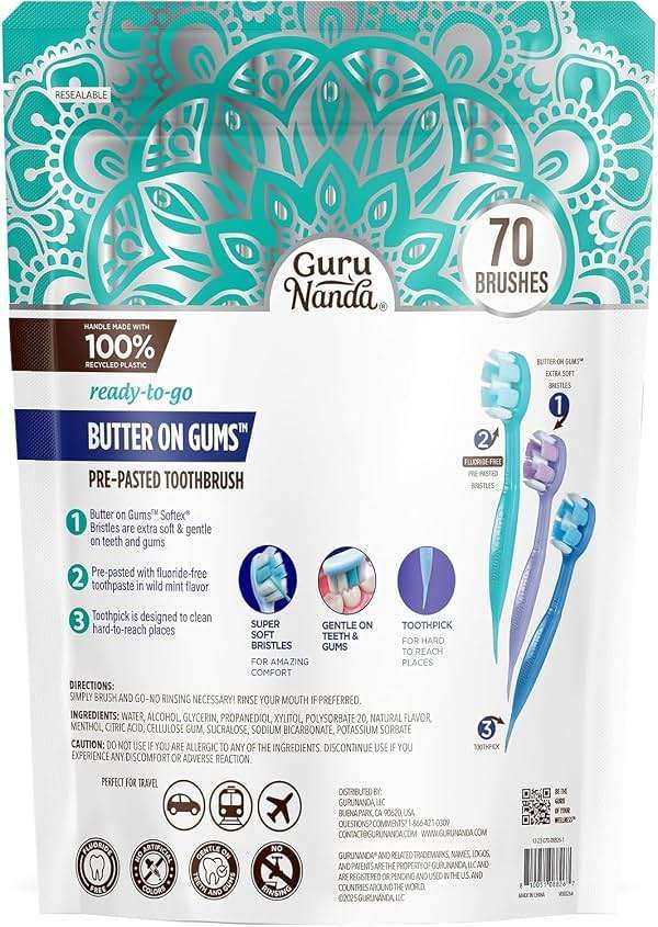 GuruNanda Mini Disposable Toothbrushes with Toothpaste & Toothpick, Prepasted Ready-to-Go Travel Toothbrush with Butter on Gums Bristles - Fluoride Free, No Rinsing, Individually Wrapped, 70 Ct - Image 10