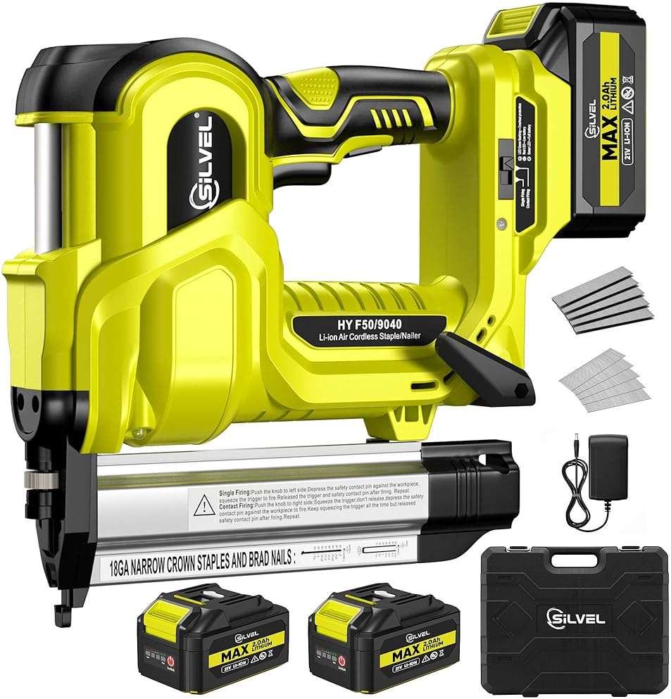 SILVEL 2" Cordless Brad Nailer, 2-in-1 21V Electric Brad Nailer with 2 * 2.0Ah Battery, 1000pcs Nails, 18GA Staples, Adjustable Depth for Woodworking, Home Improvement, green - Image 1