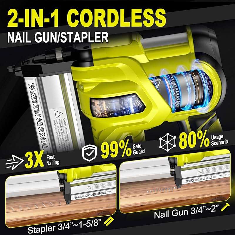 SILVEL 2" Cordless Brad Nailer, 2-in-1 21V Electric Brad Nailer with 2 * 2.0Ah Battery, 1000pcs Nails, 18GA Staples, Adjustable Depth for Woodworking, Home Improvement, green - Image 2
