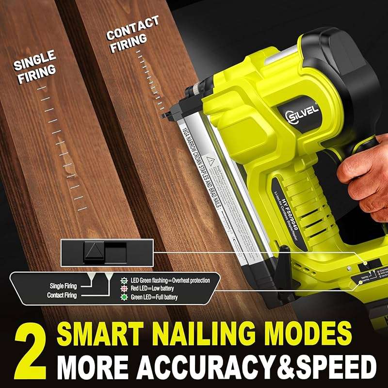 SILVEL 2" Cordless Brad Nailer, 2-in-1 21V Electric Brad Nailer with 2 * 2.0Ah Battery, 1000pcs Nails, 18GA Staples, Adjustable Depth for Woodworking, Home Improvement, green - Image 3