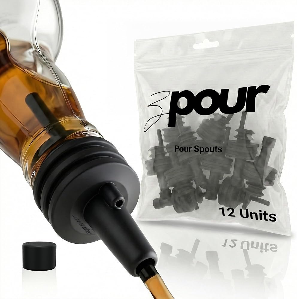 ZPOUR Black Premium Quality Liquor Pour Spouts Pack 12 Reusable Leakproof Bottle Tops For Bartenders And Home Use Easy Flow Control For Alcohol Juice Syrup Oil Durable Silicone Spout Universal Fit - Product Image