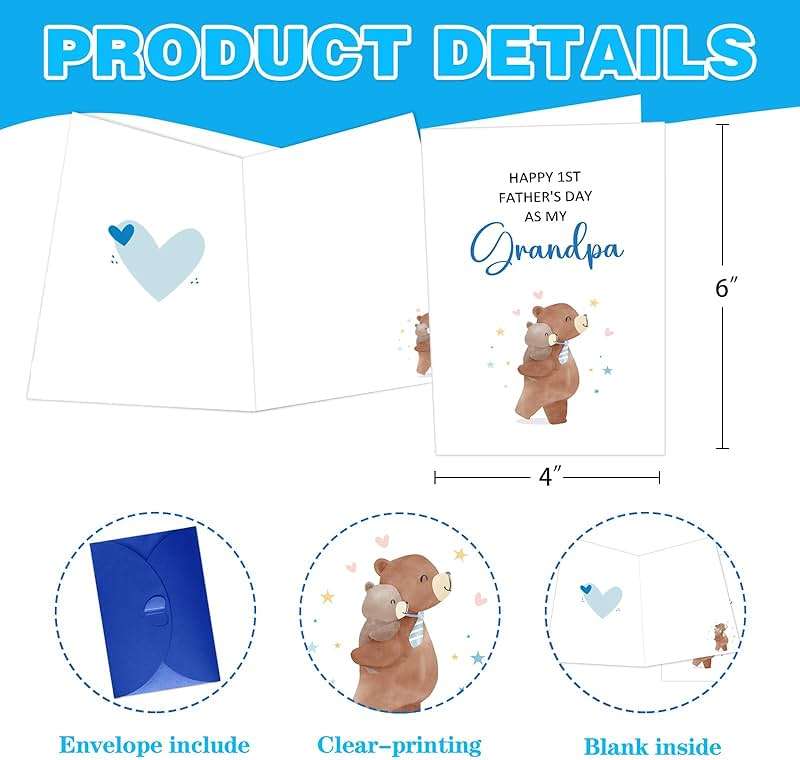 JUESMOS Lovely Bear Happy First Father’s Day for Grandpa Funny Grandpa Fathers Day Card from Baby Boy Girl Grandson Granddaughter Happy 1st Father’s Day as My Grandpa Card with Envelope - Image 3