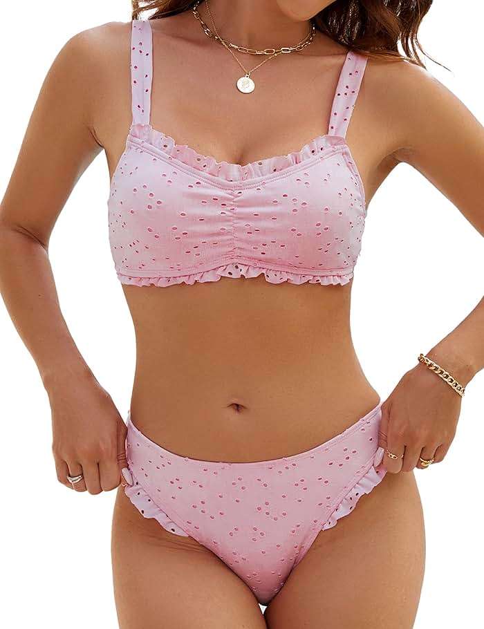 Blooming Jelly Womens Bikini Set Two Piece Ruffle Bandeau Bathing Suits Cheeky High Cut Cute Eyelet Swimsuit - Image 1