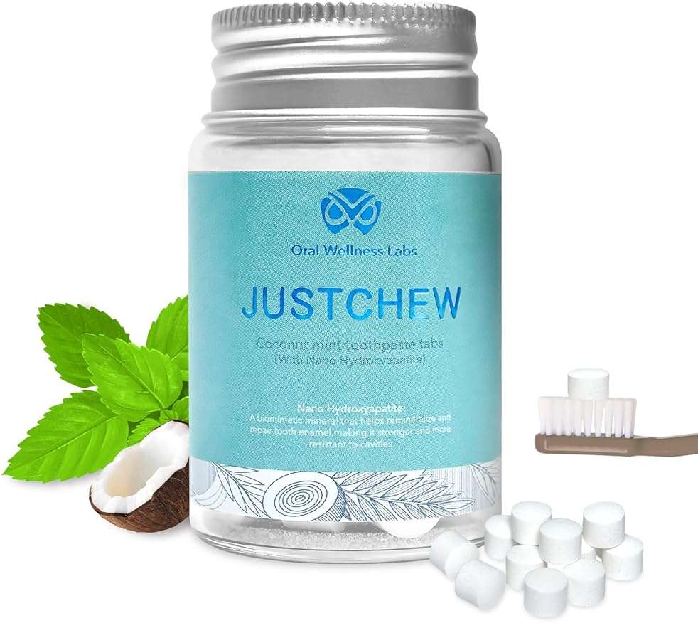 Oral Wellness Labs Toothpaste Tablets - Nano Hydroxyapatite,Fluoride & Plastic Free, Eco & Travel Friendly,Natural Whitening Toothpaste - Remineralize with NHA (1 Bottle / 1 Month-Coconut Mint) - Image 1