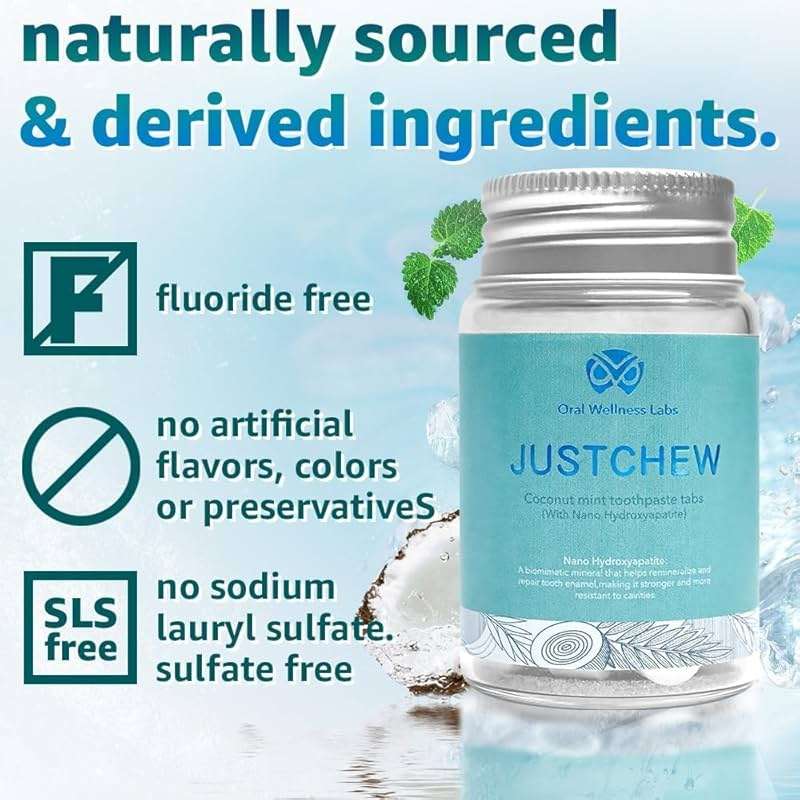 Oral Wellness Labs Toothpaste Tablets - Nano Hydroxyapatite,Fluoride & Plastic Free, Eco & Travel Friendly,Natural Whitening Toothpaste - Remineralize with NHA (1 Bottle / 1 Month-Coconut Mint) - Image 3