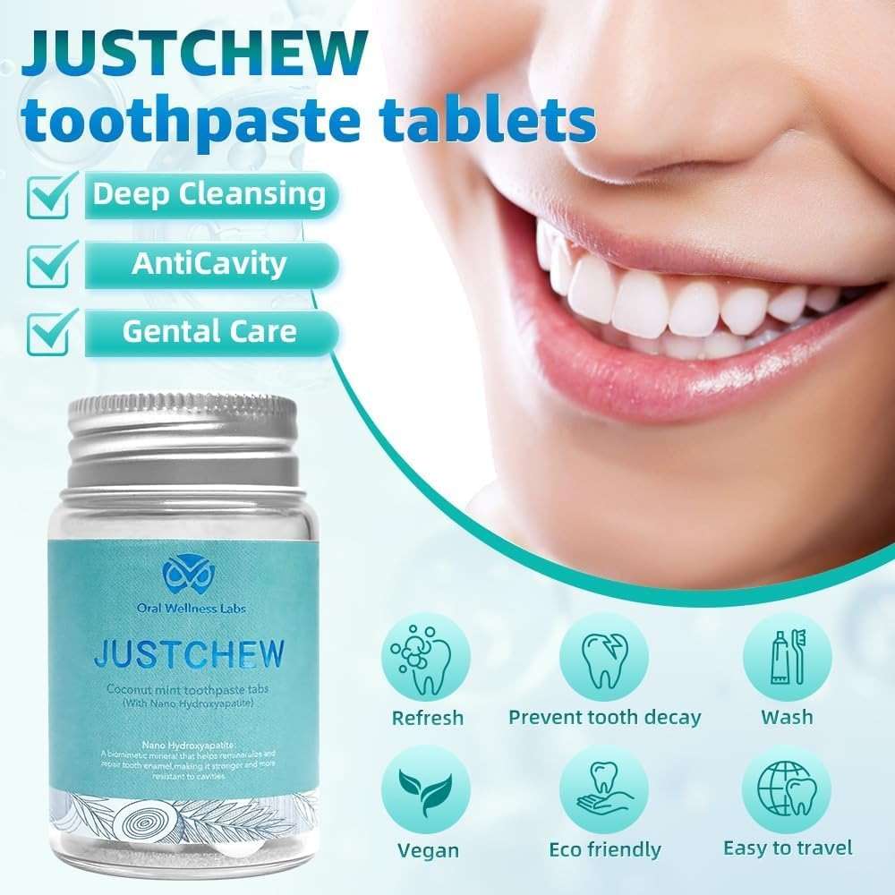 Oral Wellness Labs Toothpaste Tablets - Nano Hydroxyapatite,Fluoride & Plastic Free, Eco & Travel Friendly,Natural Whitening Toothpaste - Remineralize with NHA (1 Bottle / 1 Month-Coconut Mint) - Image 5