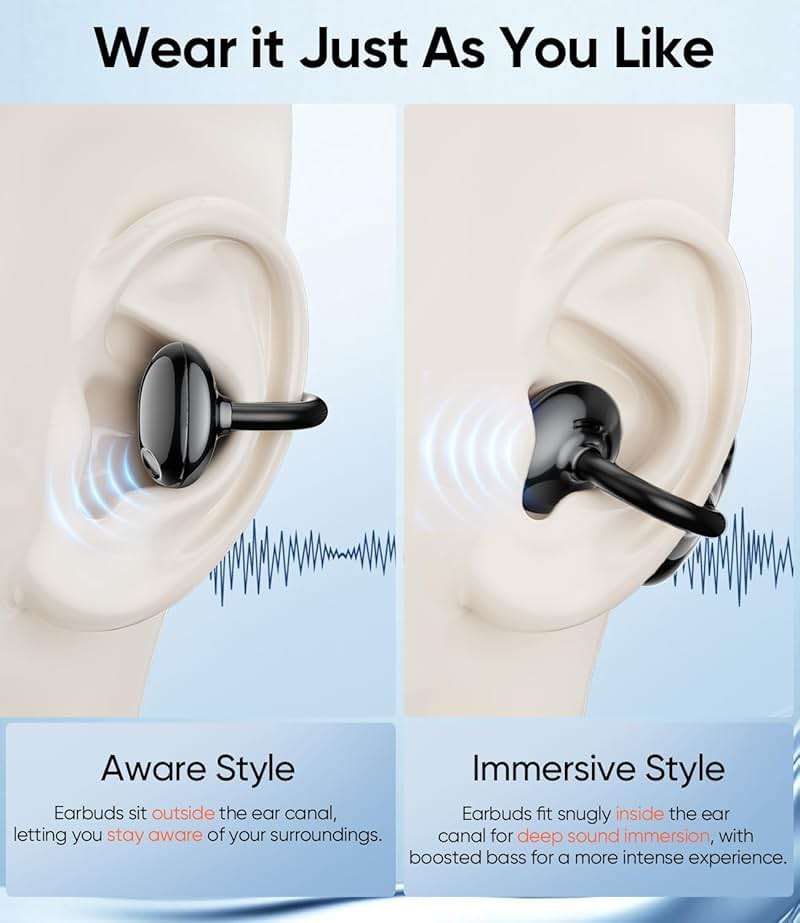 Mkilp Bejia Clip on Earbuds Wireless, Lightweight Open Ear Earbud with Physical Button, Deep Bass Sound Bluetooth 6.0 Headphone Support Dual-Device, 60H Play Time, Ideal for Workout, Running, Subway - Image 4