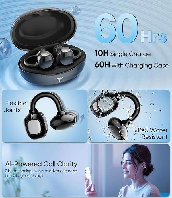 Mkilp Bejia Clip on Earbuds Wireless, Lightweight Open Ear Earbud with Physical Button, Deep Bass Sound Bluetooth 6.0 Headphone Support Dual-Device, 60H Play Time, Ideal for Workout, Running, Subway - Image 7