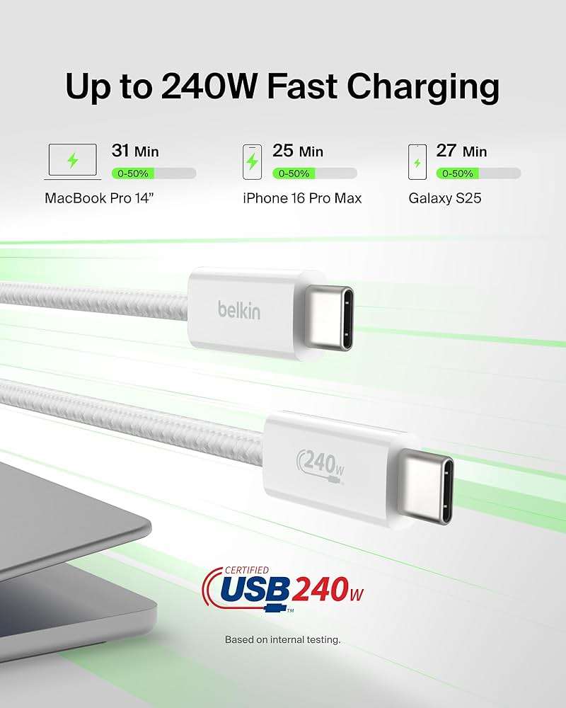 Belkin USB C to USB C Cable 2-Pack, 6.6ft, 240W - USBC to USBC Cable, iPhone Charger Cord, Soft, Braided, Flexible for iPhone 17, Galaxy S25, Pixel 10, MacBook, Chromebook, iPad Pro, Switch - White - Image 2