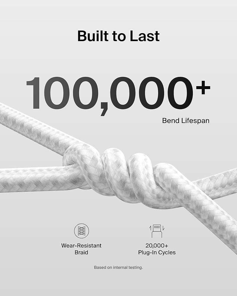 Belkin USB C to USB C Cable 2-Pack, 6.6ft, 240W - USBC to USBC Cable, iPhone Charger Cord, Soft, Braided, Flexible for iPhone 17, Galaxy S25, Pixel 10, MacBook, Chromebook, iPad Pro, Switch - White - Image 3