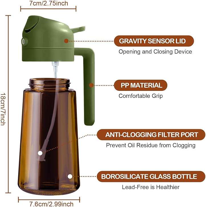 YARRAMATE 16oz/470ml Dark Brown Oil Sprayer for Cooking with Stickers, Food-grade Premium 2 in 1 Olive Oil Dispenser Bottle for Kitchen Gadgets, Air Fryer, Salad, Frying, BBQ (OliveGreen) - Image 3