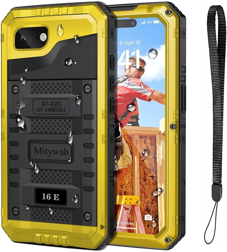 Mitywah Waterproof Case for iPhone 16e and for iPhone 17e, Shockproof Heavy Duty Case with Built-in Screen Protector, Underwater Full Body Protective Metal Case 6.1 inch, Yellow - Product Image