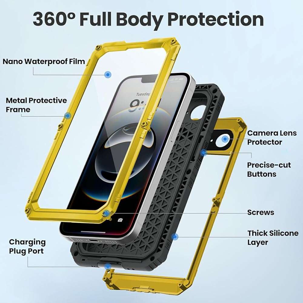 Mitywah Waterproof Case for iPhone 16e and for iPhone 17e, Shockproof Heavy Duty Case with Built-in Screen Protector, Underwater Full Body Protective Metal Case 6.1 inch, Yellow - Image 4