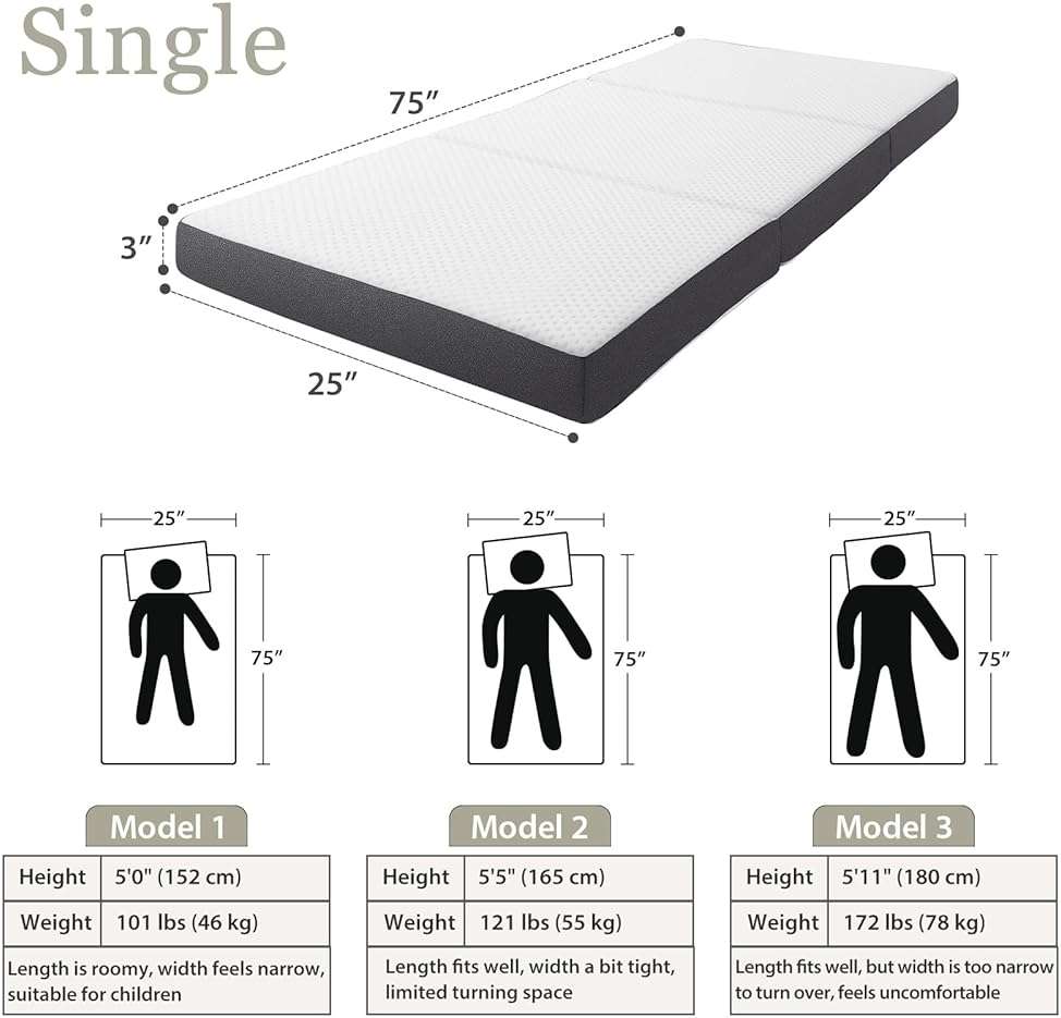 Tri Fold Memory Foam Foldable Mattress Single, 3 inch Folding Mattress for Guest Sleep. Portable Trifold Mat with Removable Washable Cover, Floor Sleeping Mat for Adult and Kid - Image 2