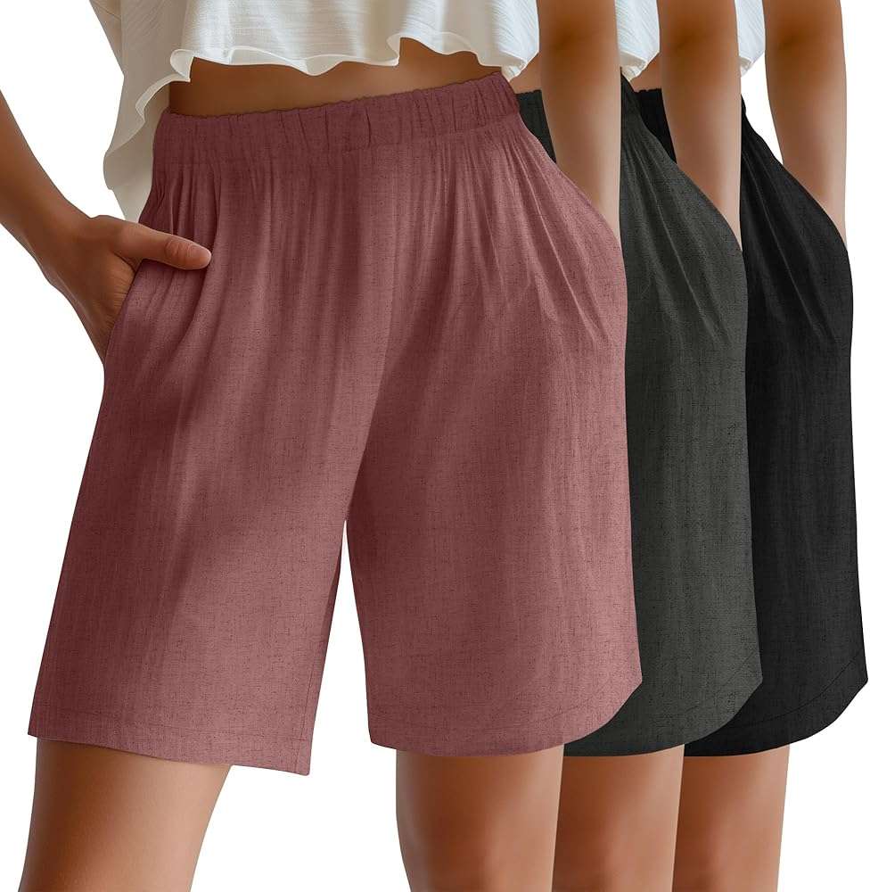 Riyiper 3 Pack Women's Linen Shorts Elastic High Waist Bermuda Wide Leg Summer Casual Lounge Short with Pockets - Image 1