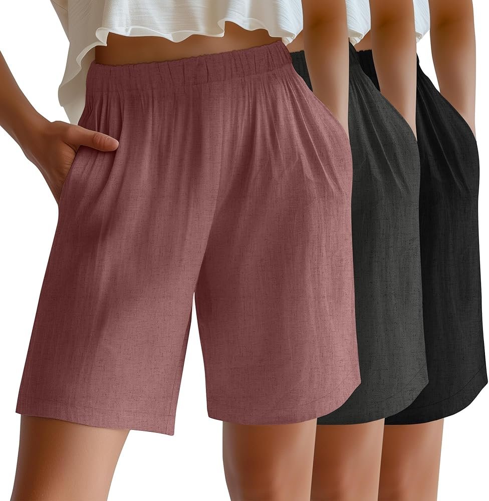 Riyiper 3 Pack Women's Linen Shorts Elastic High Waist Bermuda Wide Leg Summer Casual Lounge Short with Pockets - Product Image