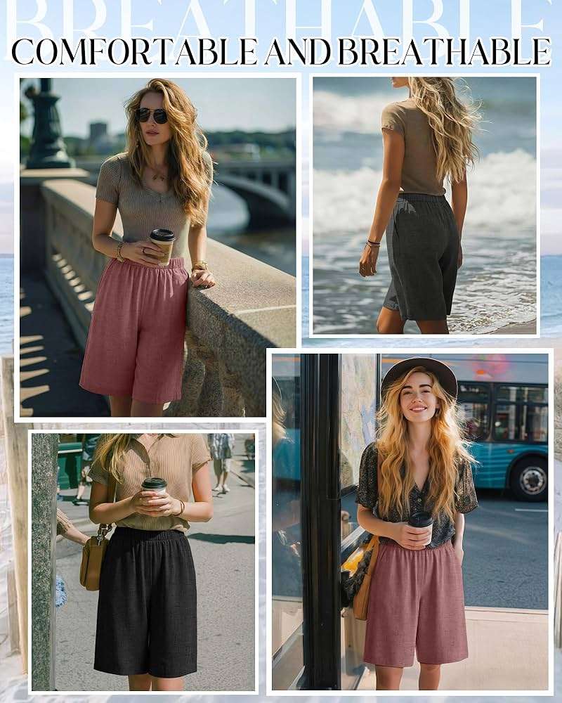Riyiper 3 Pack Women's Linen Shorts Elastic High Waist Bermuda Wide Leg Summer Casual Lounge Short with Pockets - Image 4