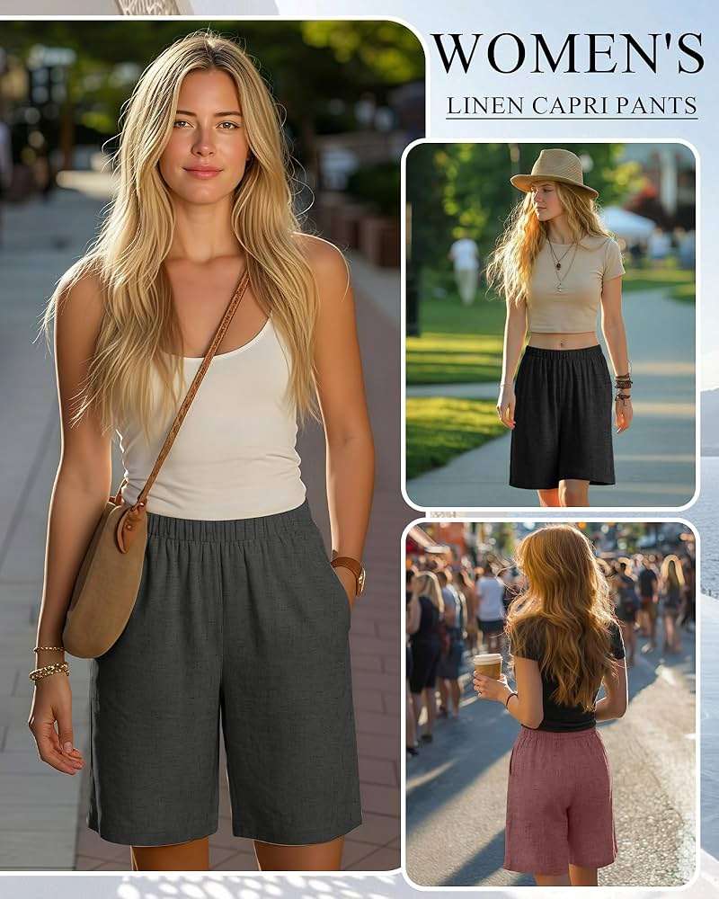 Riyiper 3 Pack Women's Linen Shorts Elastic High Waist Bermuda Wide Leg Summer Casual Lounge Short with Pockets - Image 5