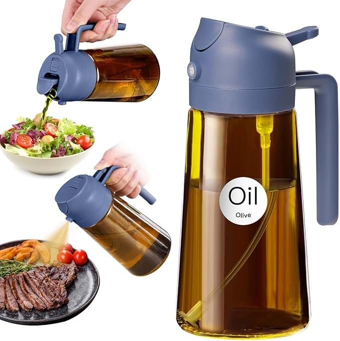 YARRAMATE 16oz/470ml Dark Brown Oil Sprayer for Cooking with Stickers, Food-grade Premium 2 in 1 Olive Oil Dispenser Bottle for Kitchen Gadgets, Air Fryer, Salad, Frying, BBQ (Navy) - Product Image