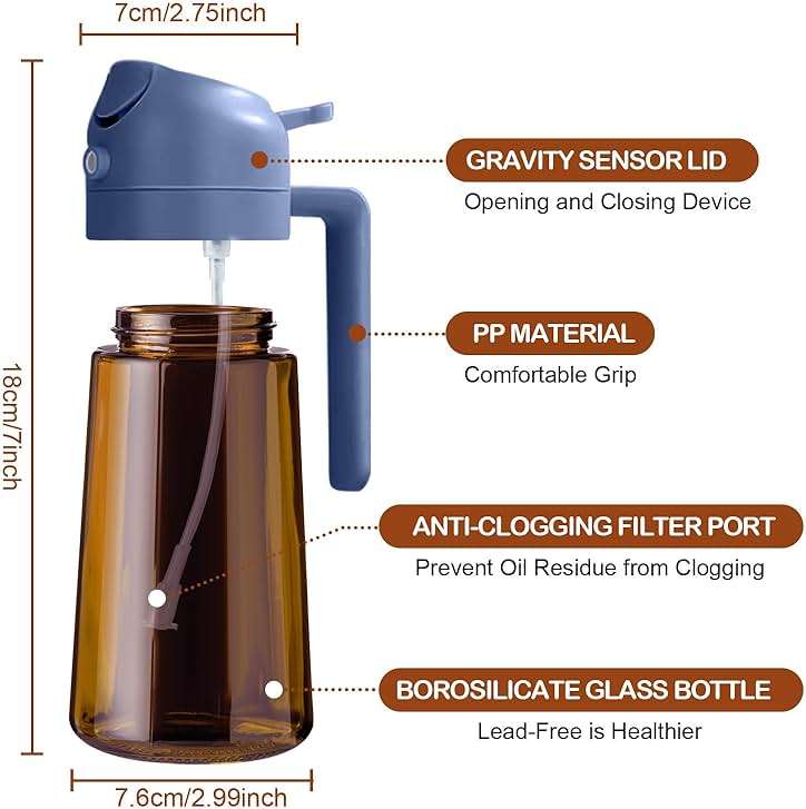 YARRAMATE 16oz/470ml Dark Brown Oil Sprayer for Cooking with Stickers, Food-grade Premium 2 in 1 Olive Oil Dispenser Bottle for Kitchen Gadgets, Air Fryer, Salad, Frying, BBQ (Navy) - Image 3