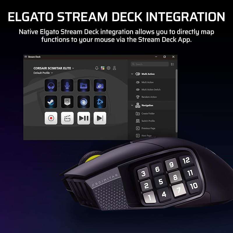 Corsair Scimitar Elite Wireless SE MMO PC Gaming Mouse – 33,000 DPI, 16 Programmable Buttons, Key Slider, Elgato Virtual Stream Deck, 1,000Hz Polling, Up to 150-Hour Battery – Gunmetal - Image 4