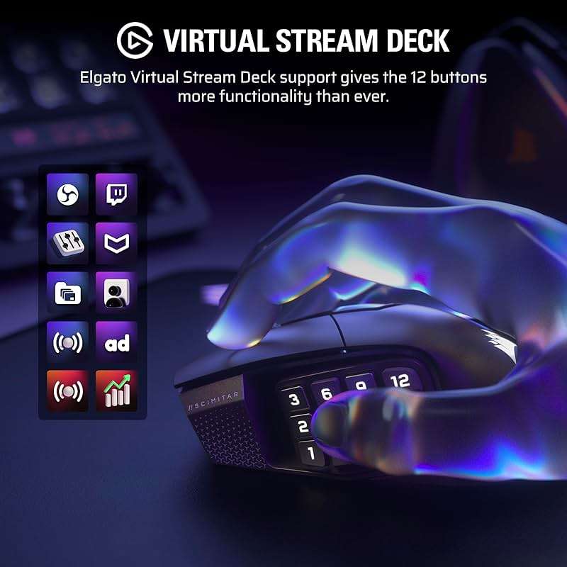 Corsair Scimitar Elite Wireless SE MMO PC Gaming Mouse – 33,000 DPI, 16 Programmable Buttons, Key Slider, Elgato Virtual Stream Deck, 1,000Hz Polling, Up to 150-Hour Battery – Gunmetal - Image 5