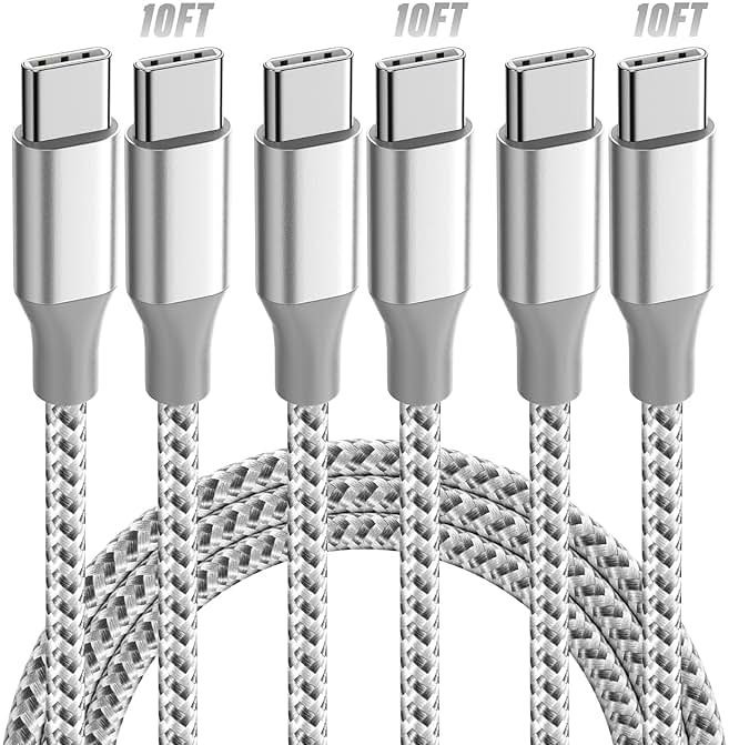 KYEHD USB C Cable,3 Pack 10FT 60W Fast Charging USB C to USB C Cable, Durable Type C Charger Cable for iPhone 17/16/15/iPad MacBook CarPlay and More-Grey White - Product Image